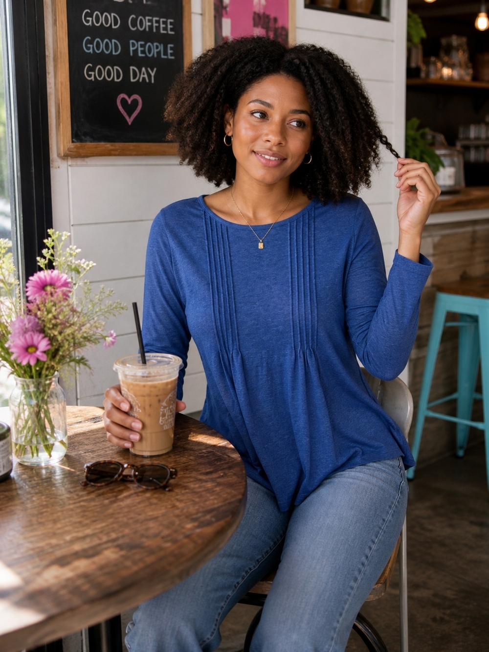 Women's Pintuck Detail Long-Sleeve Top - Blue